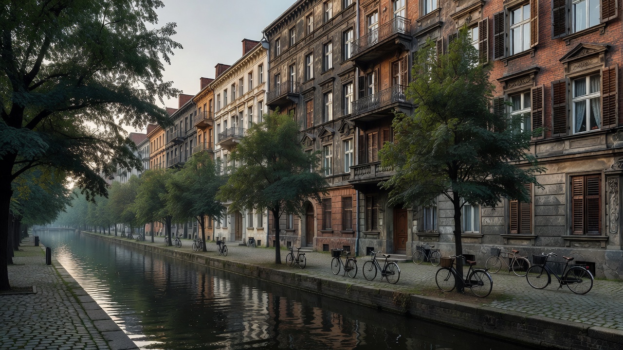Nineteenth-century apartment blocks lining a tree-shaded canal in Berlin, with bicycles parked along the towpath