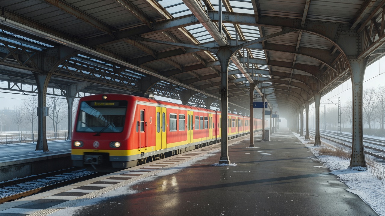 A Berlin S-Bahn platform under a steel canopy in pale winter light, with a train arriving
