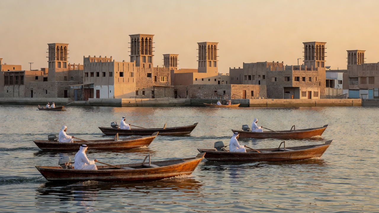 Small wooden abra boats crossing Dubai Creek with low traditional buildings and wind towers on the far bank