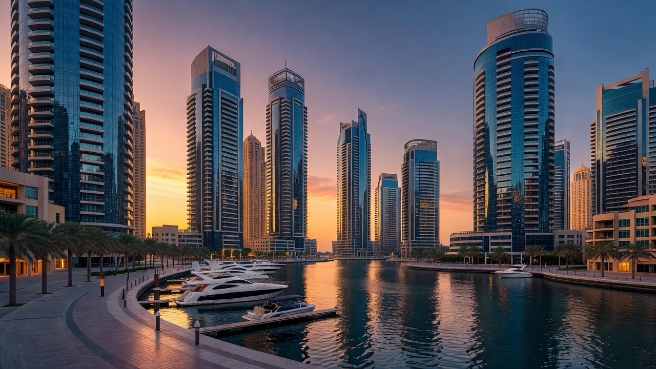 Clusters of tall residential towers around a waterfront marina in Dubai, with a promenade and moored boats in evening light