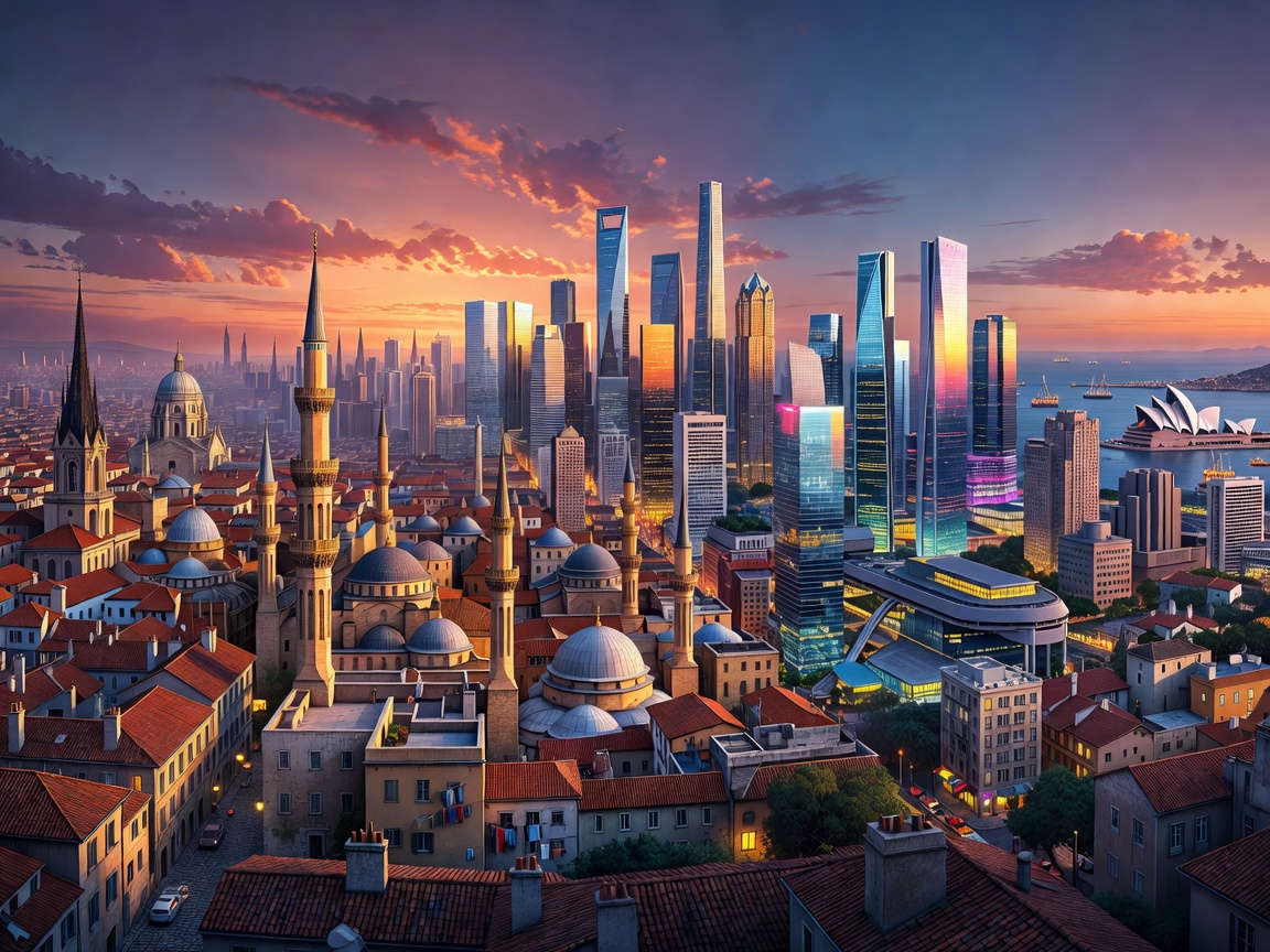 Illustrated panorama of five contrasting city skylines at dusk, from low tiled rooftops to glass towers