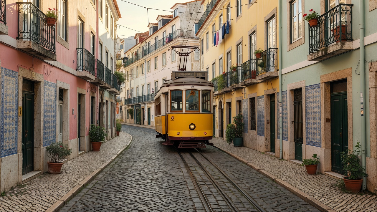 A yellow tram climbing a narrow cobbled street between pastel buildings in Lisbon