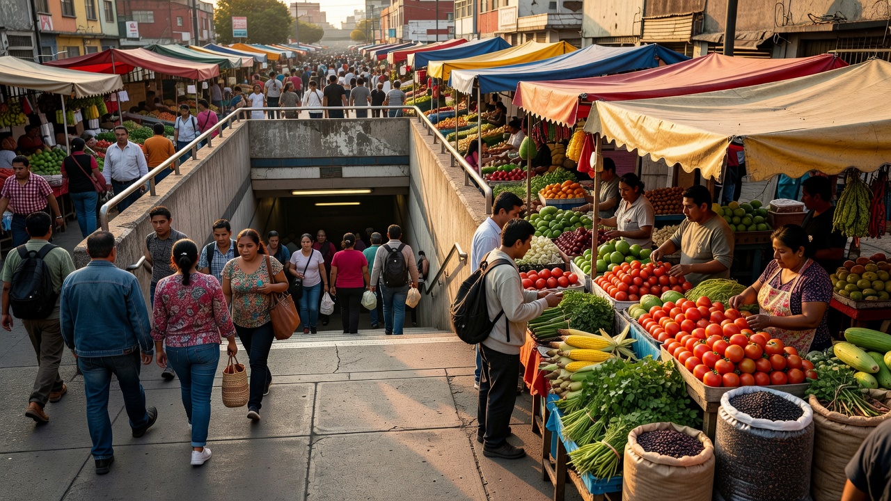 A busy Mexico City metro entrance beside street market stalls with awnings and fresh produce