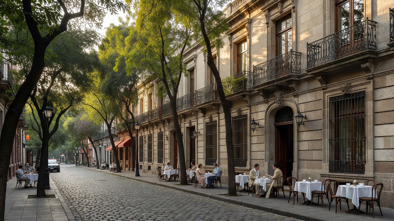 A tree-lined street in Mexico City's Roma Norte with early twentieth-century townhouses, wrought-iron balconies and pavement cafés