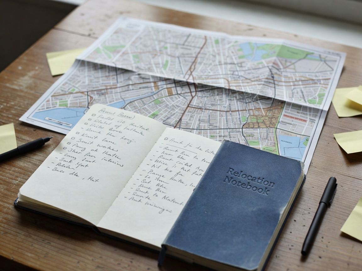 A notebook open beside a folded city map, with a handwritten checklist of housing, paperwork and transport questions