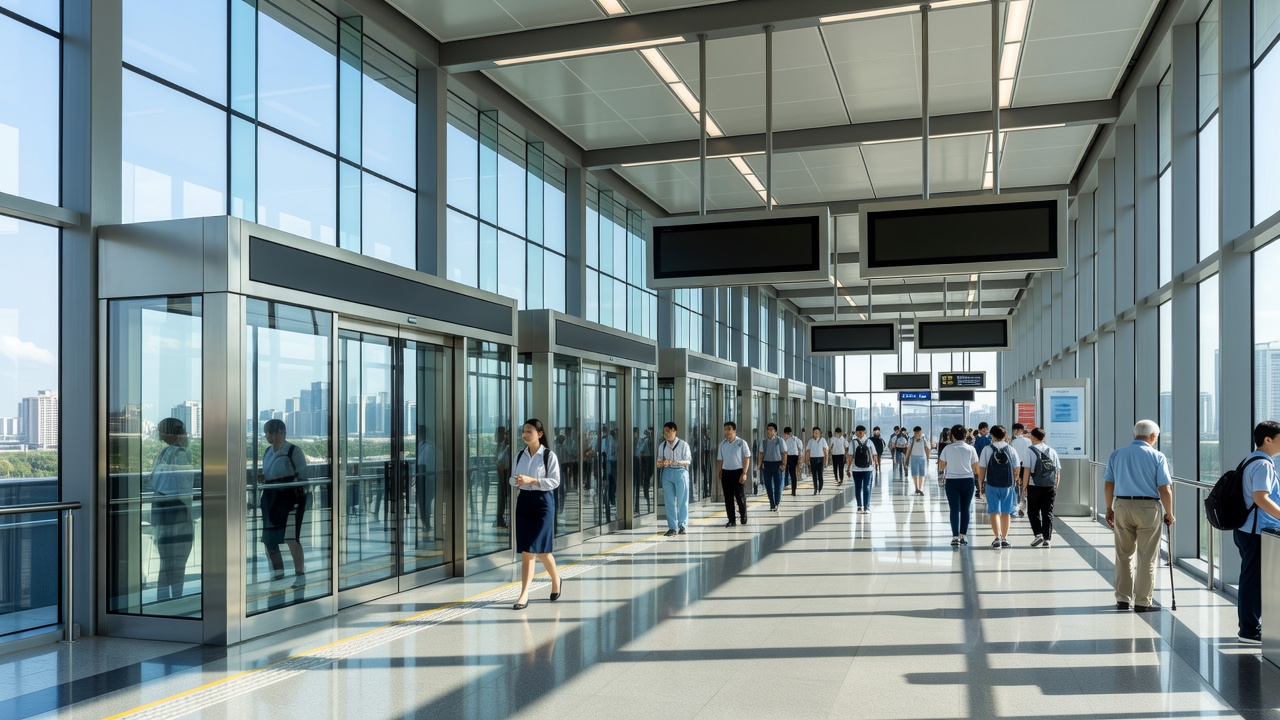A bright, glass-walled MRT station concourse in Singapore with platform screen doors and clear signage