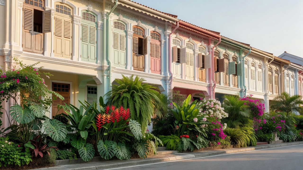 A terrace of restored pastel shophouses in Singapore with shuttered upper windows and dense tropical planting